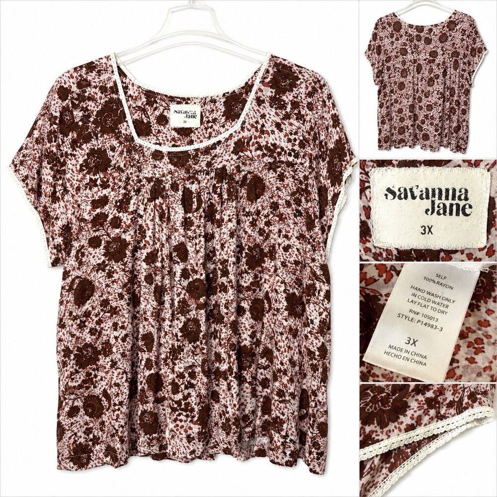 Savanna Jane 3X Embroidered Floral Boho Peasant Top Rayon Shirt